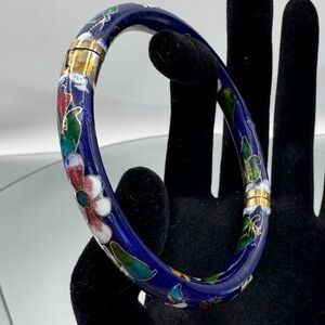 Cloisonné Hinged Bangle Blue Floral Bracelet 7" x 1/4" wide